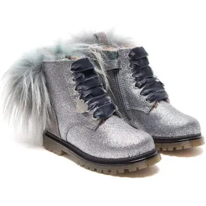 Girls Grey Glitter Fur Pom Pom Boots