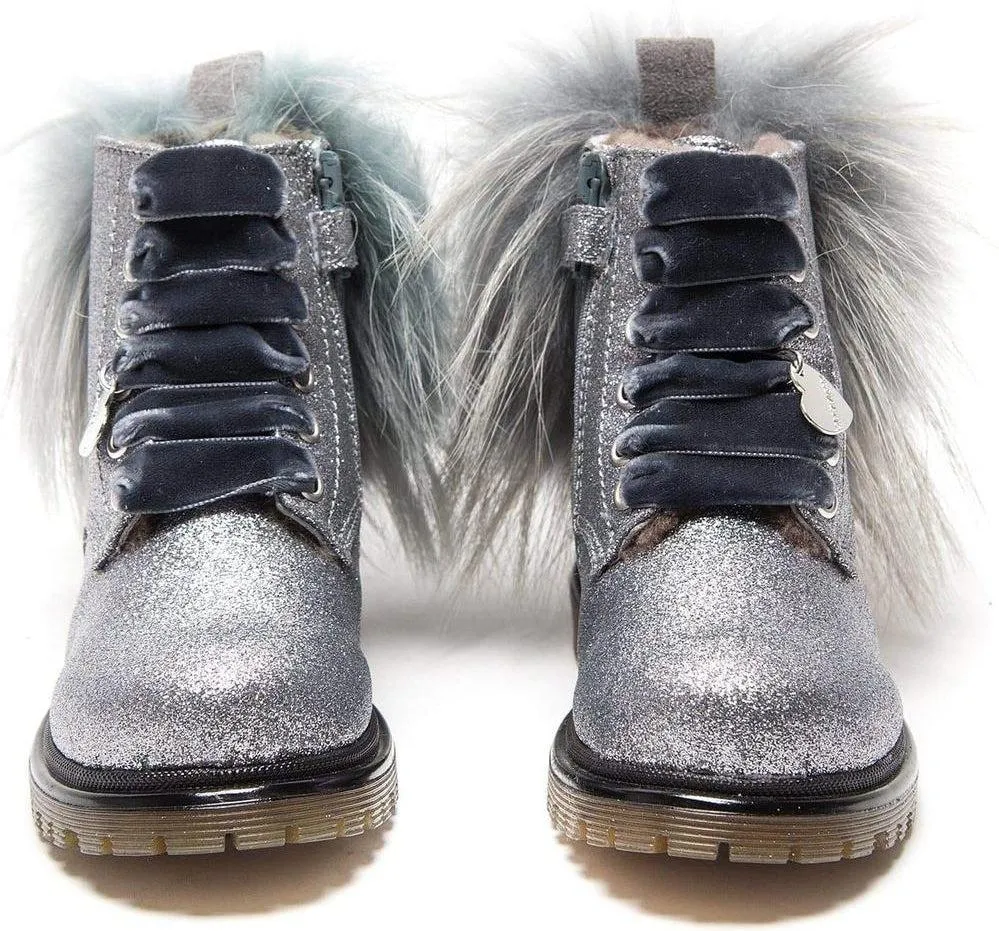 Girls Grey Glitter Fur Pom Pom Boots