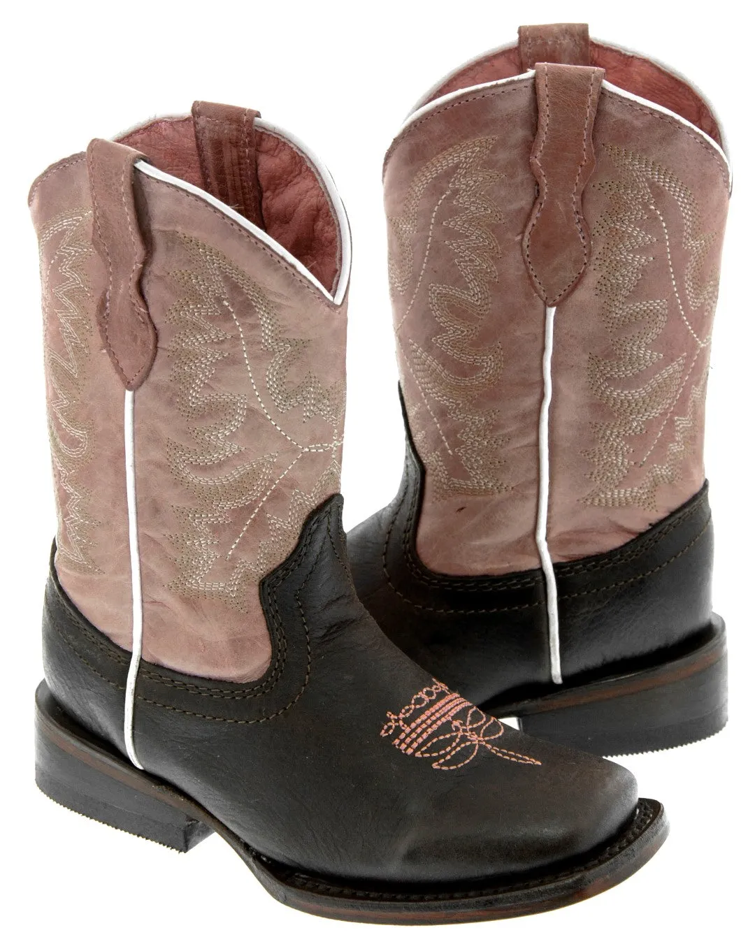 Girls Pink & Dark Brown Stitched Leather Cowgirl Boots - Square Toe