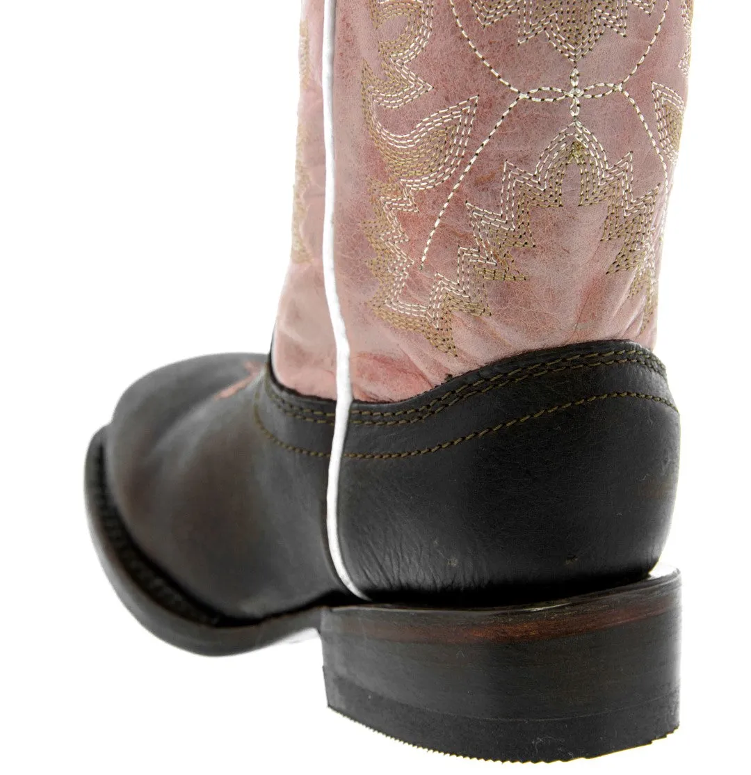 Girls Pink & Dark Brown Stitched Leather Cowgirl Boots - Square Toe