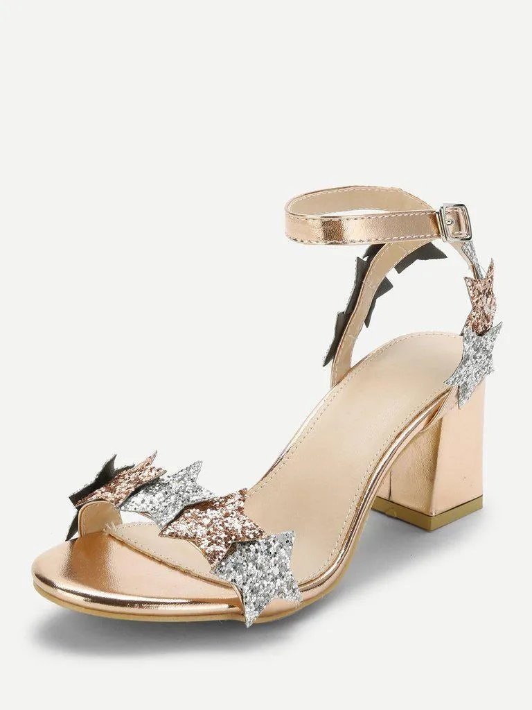 Glitter Star Detail Chunky Heeled Sandals