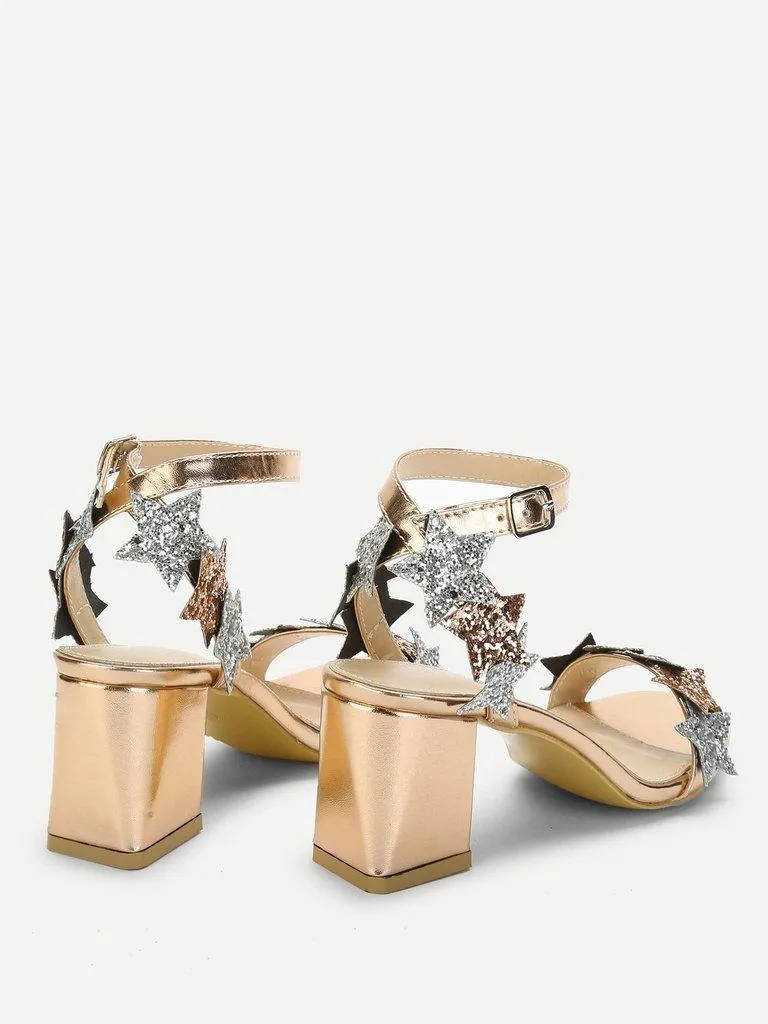 Glitter Star Detail Chunky Heeled Sandals