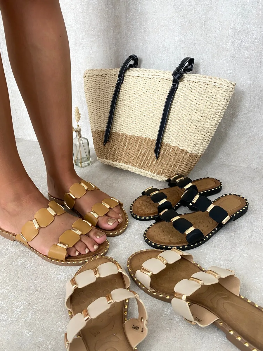 Gold Trim Detail Two Strap Flat Sandals