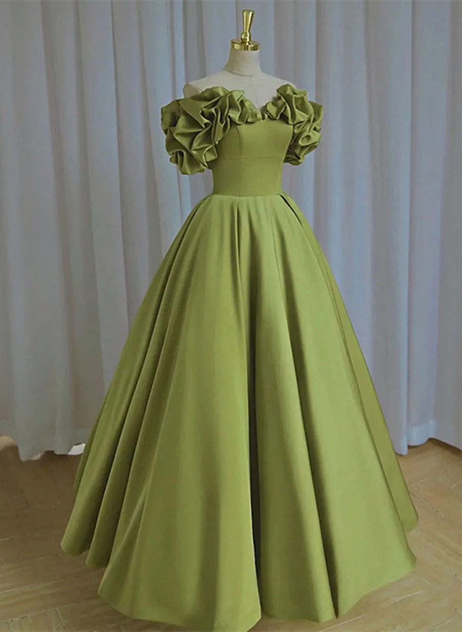 Green Satin Long Off Shoulder Lace-up Party Dress, Green Formal Dress