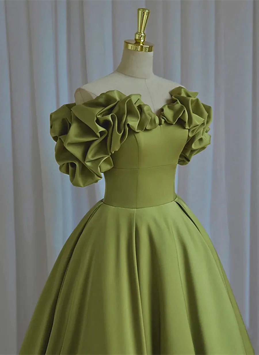 Green Satin Long Off Shoulder Lace-up Party Dress, Green Formal Dress