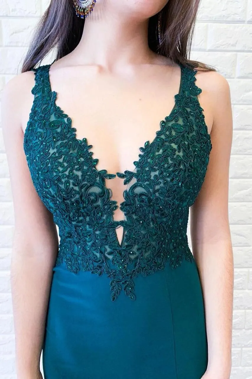 Green Satin Mermaid Deep V-neck Appliques Prom/Formal Dress PSK073