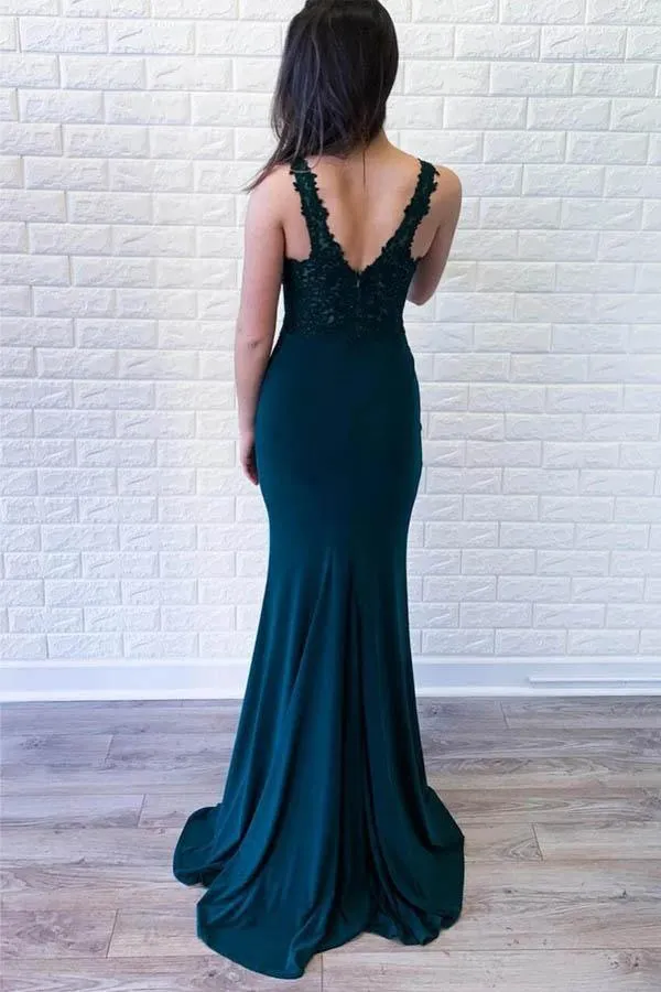 Green Satin Mermaid Deep V-neck Appliques Prom/Formal Dress PSK073