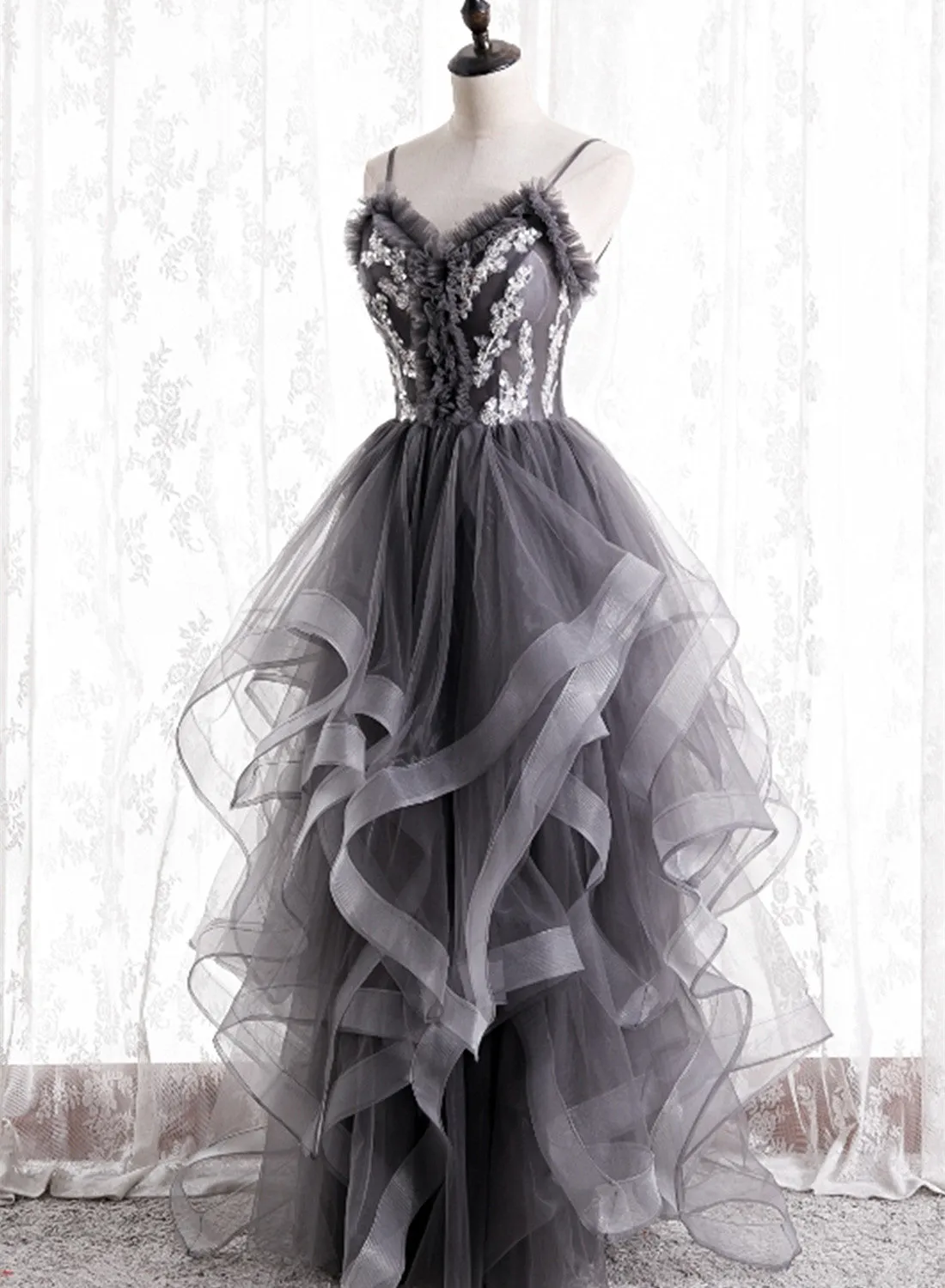 Grey Tulle Sweetheart Long Party Dress with Lace Applique, Grey Long Prom Dress