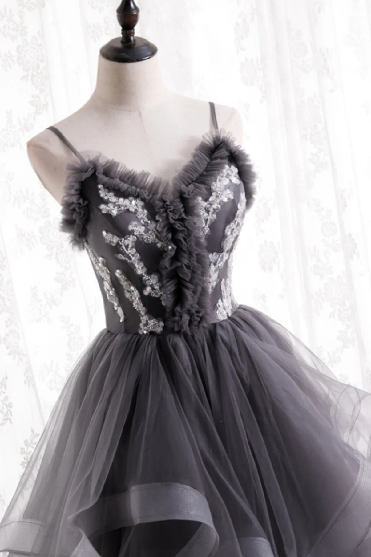 Grey Tulle Sweetheart Long Party Dress with Lace Applique, Grey Long Prom Dress