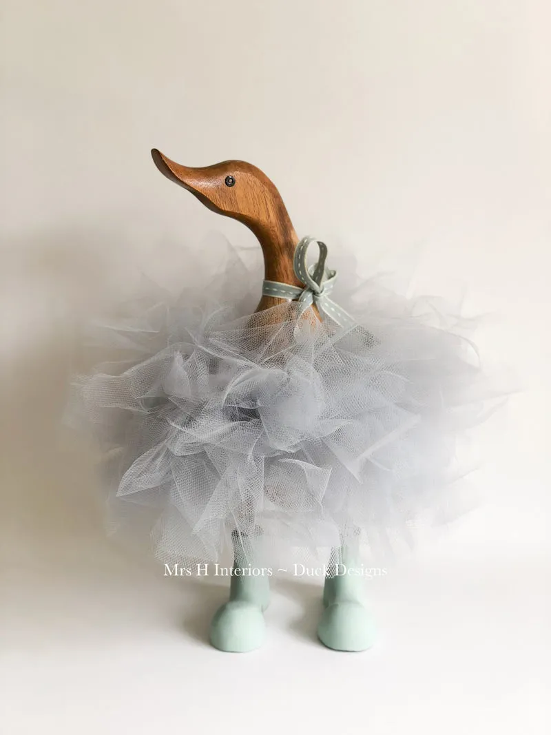 Grey Tutu Duck with Duck Egg Blue Boots - Decorated Wooden Duck in Boots by Mrs H the Duck Lady