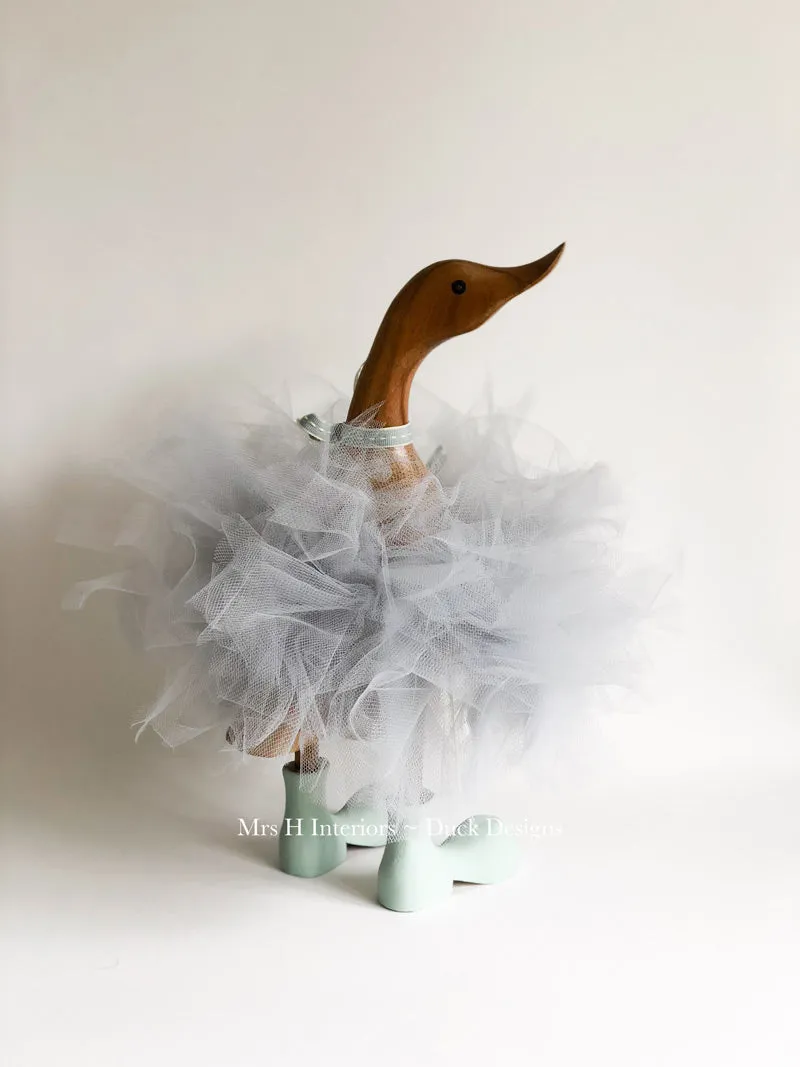 Grey Tutu Duck with Duck Egg Blue Boots - Decorated Wooden Duck in Boots by Mrs H the Duck Lady