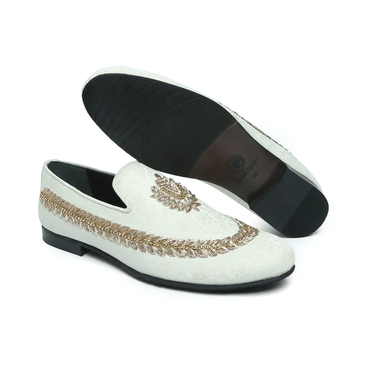 Hand Zardosi Slip-On Shoes In White Italian Velvet with Stem design