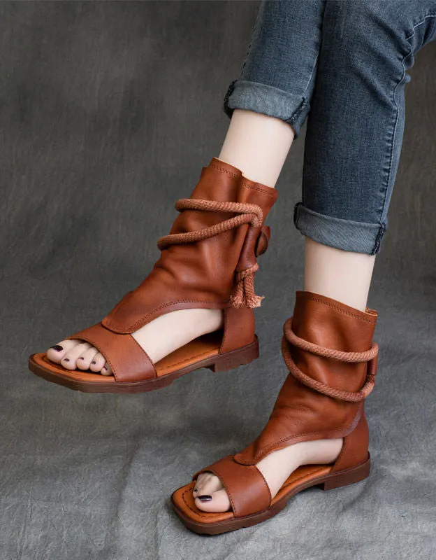 Handmade Soft Leather Open Toe Summer Flat Sandals Boots