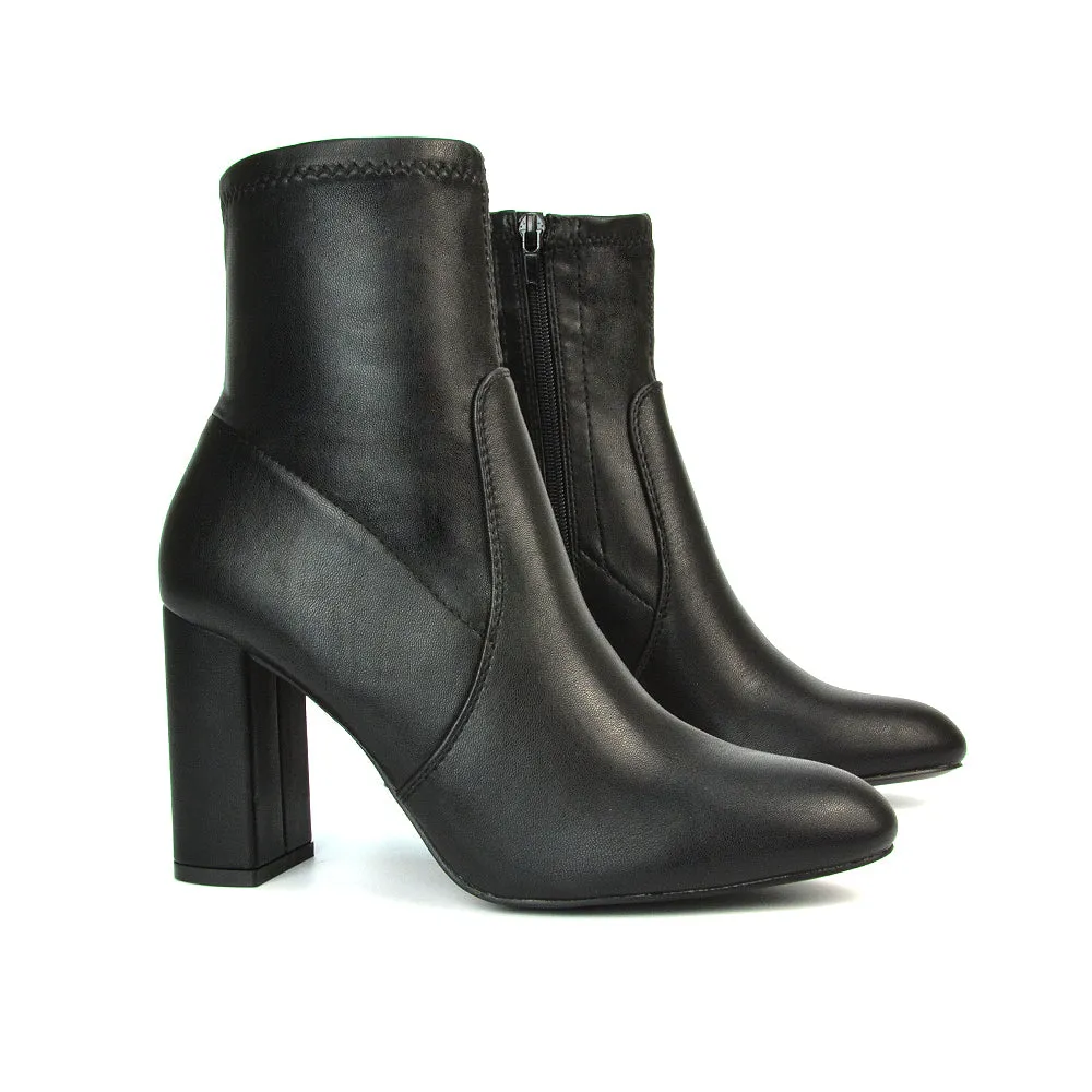 Harleigh Block High Heel Zip Up Sock Ankle Boots in Black Synthetic Leather