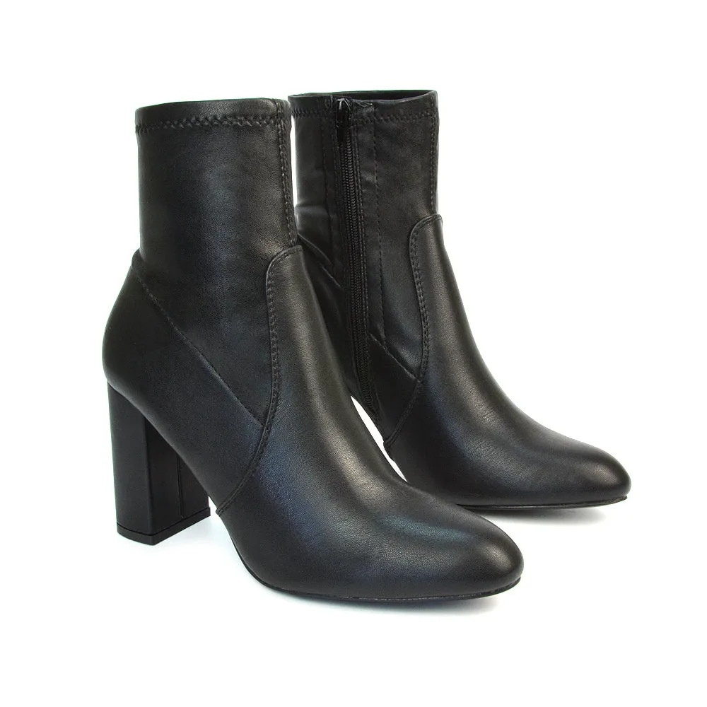 Harleigh Block High Heel Zip Up Sock Ankle Boots in Black Synthetic Leather