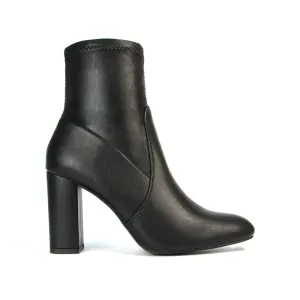 Harleigh Block High Heel Zip Up Sock Ankle Boots in Black Synthetic Leather