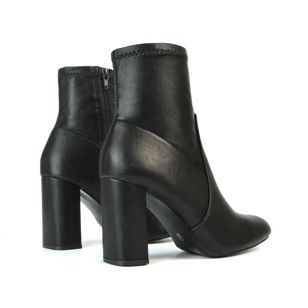 Harleigh Block High Heel Zip Up Sock Ankle Boots in Black Synthetic Leather