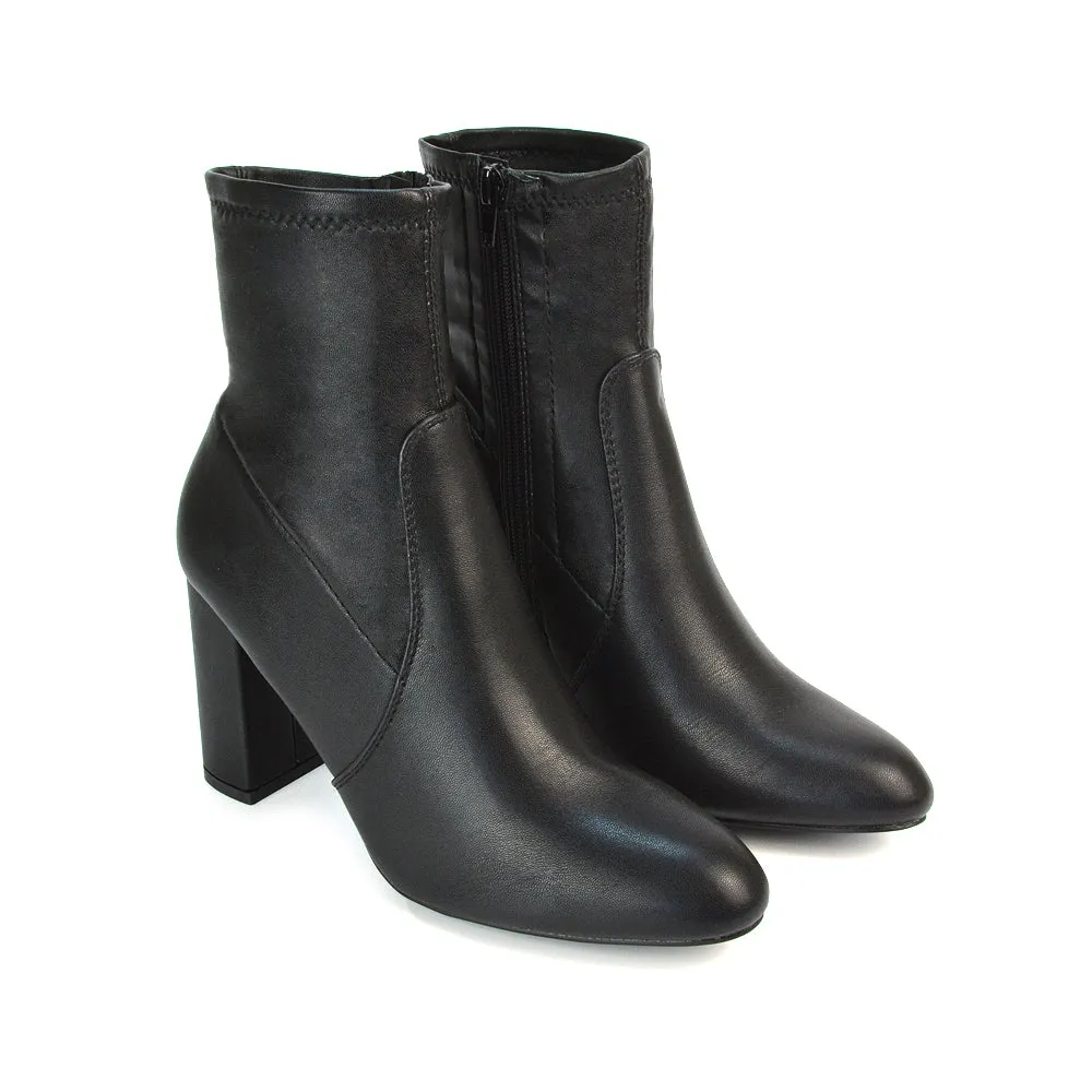 Harleigh Block High Heel Zip Up Sock Ankle Boots in Black Synthetic Leather