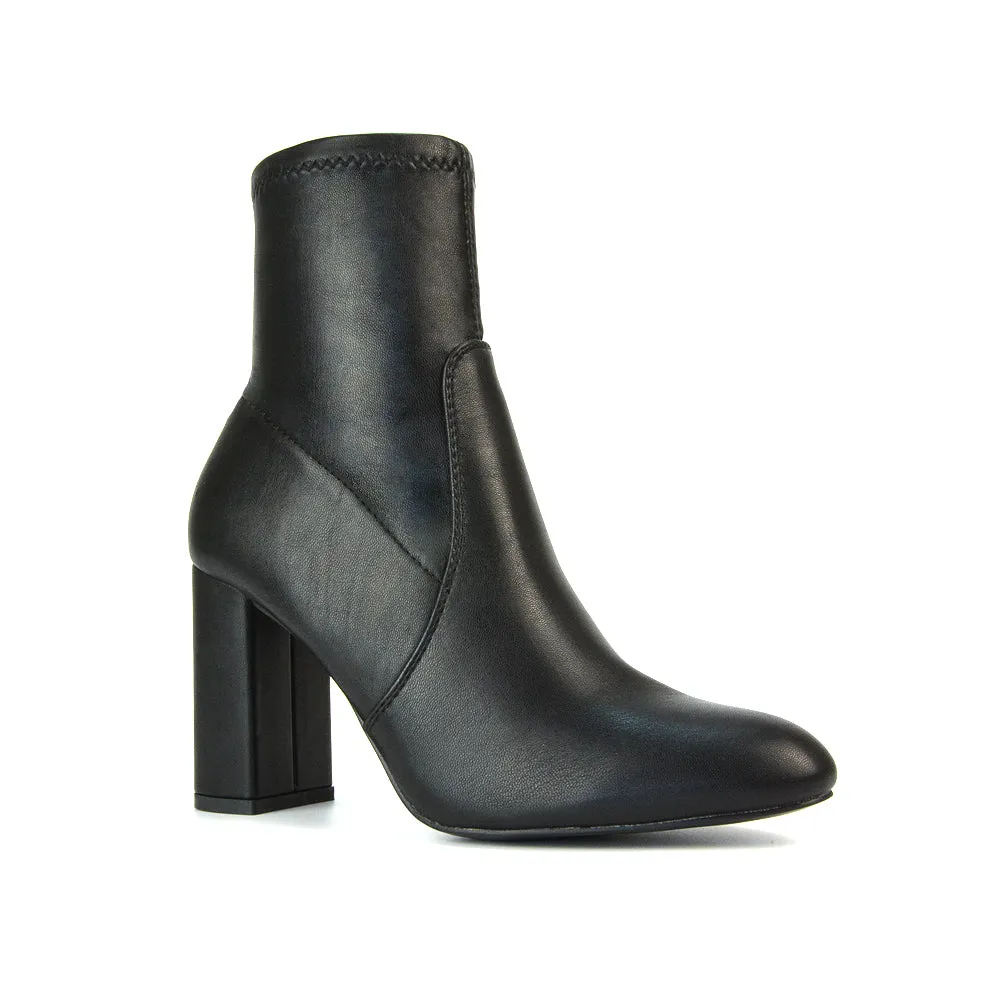 Harleigh Block High Heel Zip Up Sock Ankle Boots in Black Synthetic Leather