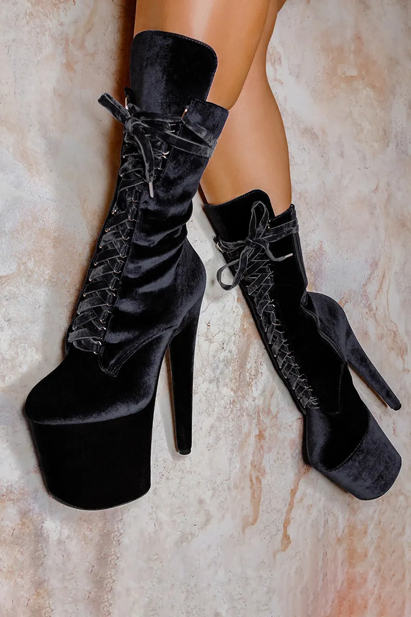 Hella Heels High BabyDoll Velvet 8inch Boots - Russian Roulette