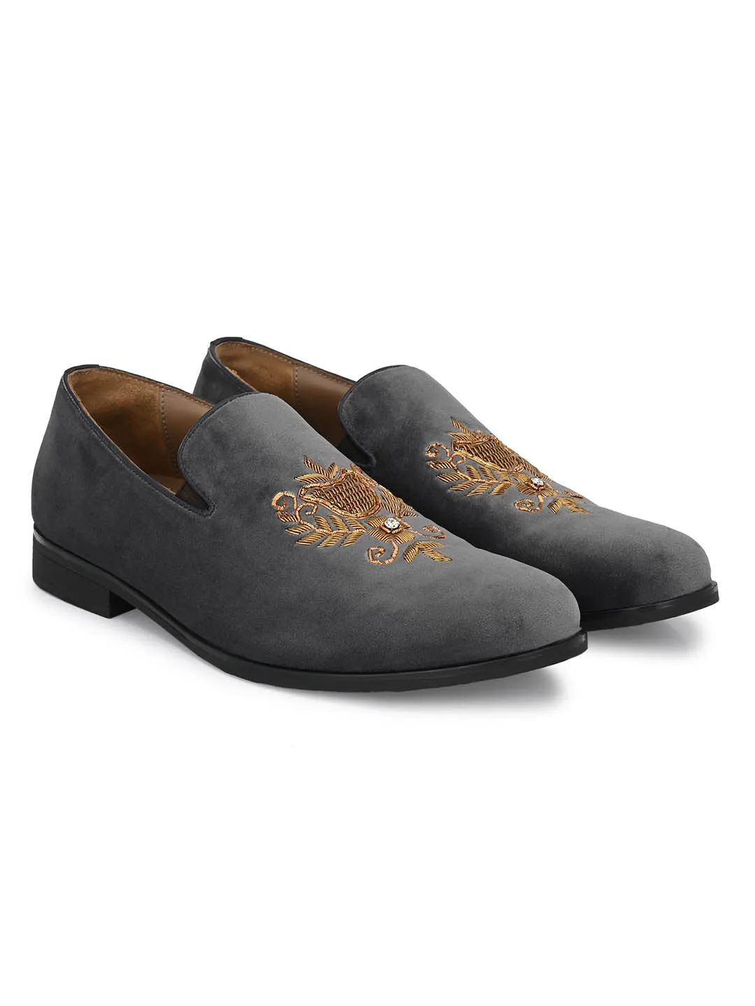 Hitz Men's Grey Slip-On Ethnic Embroidery Shoes