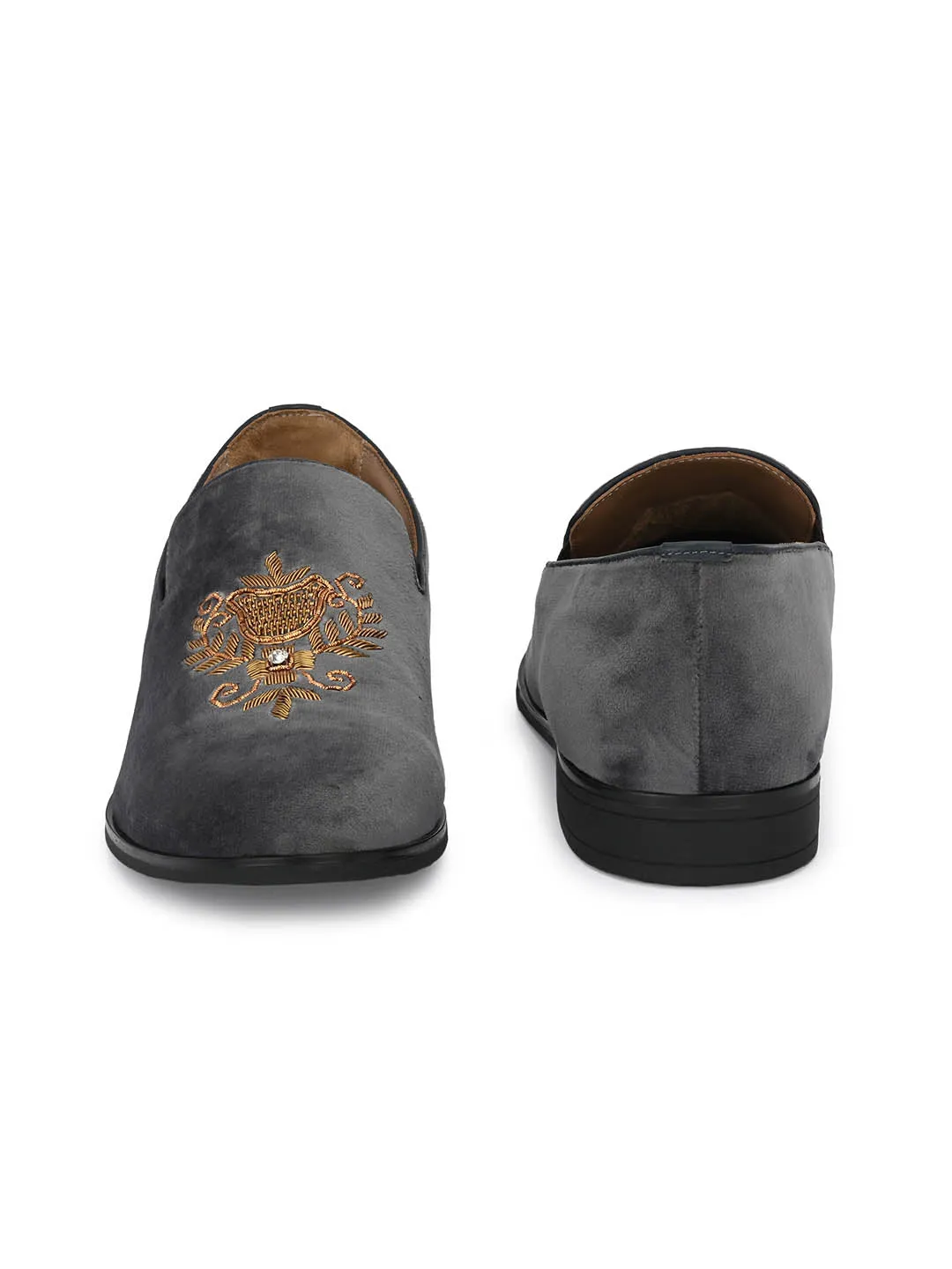 Hitz Men's Grey Slip-On Ethnic Embroidery Shoes