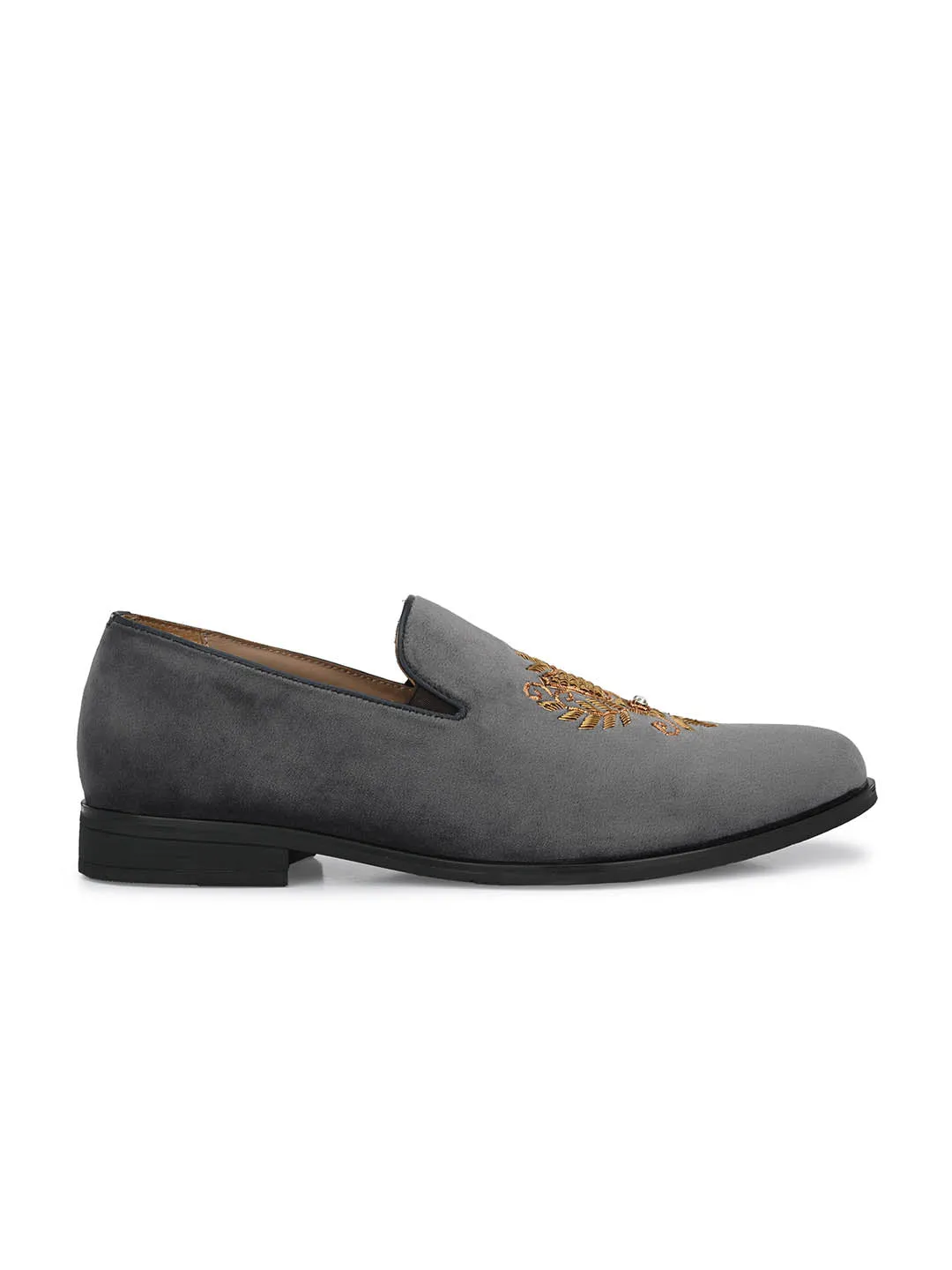 Hitz Men's Grey Slip-On Ethnic Embroidery Shoes