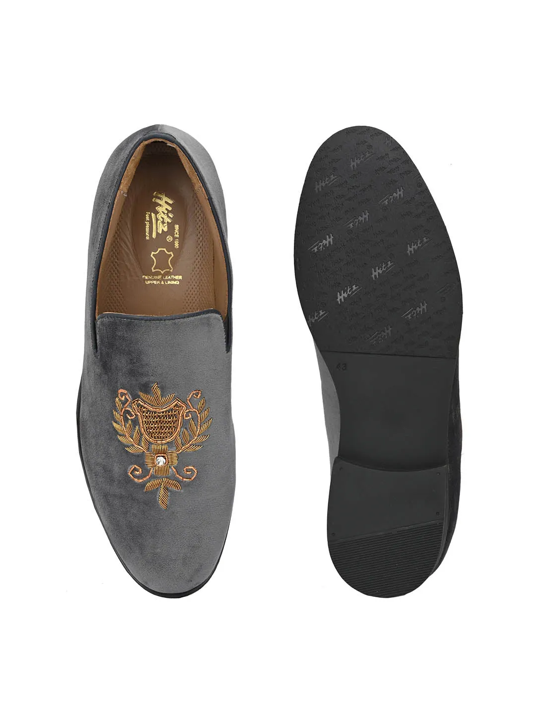 Hitz Men's Grey Slip-On Ethnic Embroidery Shoes