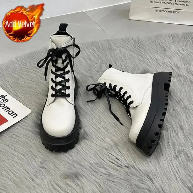 Hnzxzm Footwear with Laces Women's Ankle Boots Combat Biker Short Shoes for Woman Lace-up Booties Platform Punk Style Chunky Boot Pu 39