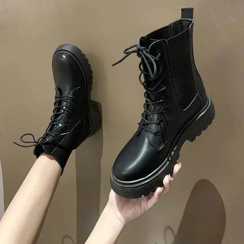 Hnzxzm Lace Up Women Ankle Boots PU Leather Winter Woman Biker Boots Chunky Boots Fashion Black Combat Boots Zip Platform Boots