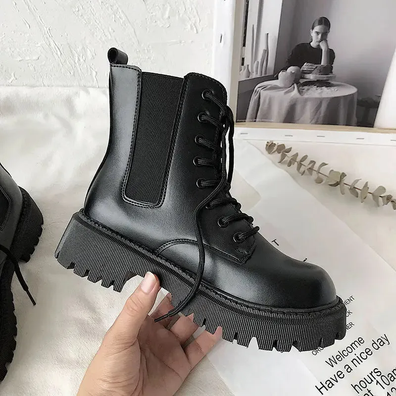 Hnzxzm Lace Up Women Ankle Boots PU Leather Winter Woman Biker Boots Chunky Boots Fashion Black Combat Boots Zip Platform Boots