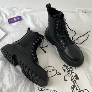 Hnzxzm Lace Up Women Ankle Boots PU Leather Winter Woman Biker Boots Chunky Boots Fashion Black Combat Boots Zip Platform Boots