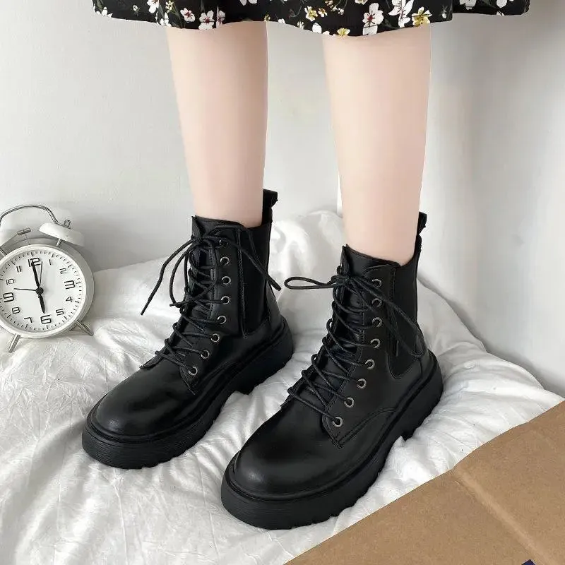 Hnzxzm Lace Up Women Ankle Boots PU Leather Winter Woman Biker Boots Chunky Boots Fashion Black Combat Boots Zip Platform Boots