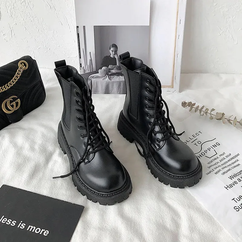 Hnzxzm Lace Up Women Ankle Boots PU Leather Winter Woman Biker Boots Chunky Boots Fashion Black Combat Boots Zip Platform Boots