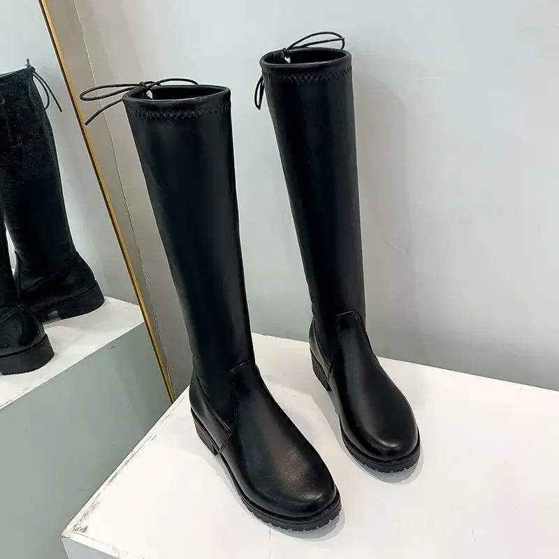 Hnzxzm Middle Heel Round Toe Women's Boots Winter Knee High Shaft Black Footwear Biker Long Shoes for Woman Y2k Hot Gyaru Sale Quality