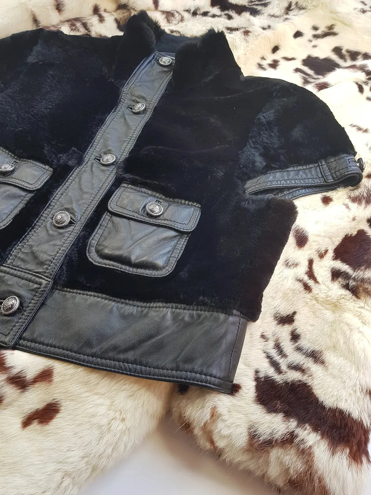 Italian Vintage Lambskin & Fur Crop Mini Jacket - Rich Inky Black - Silver Hardware