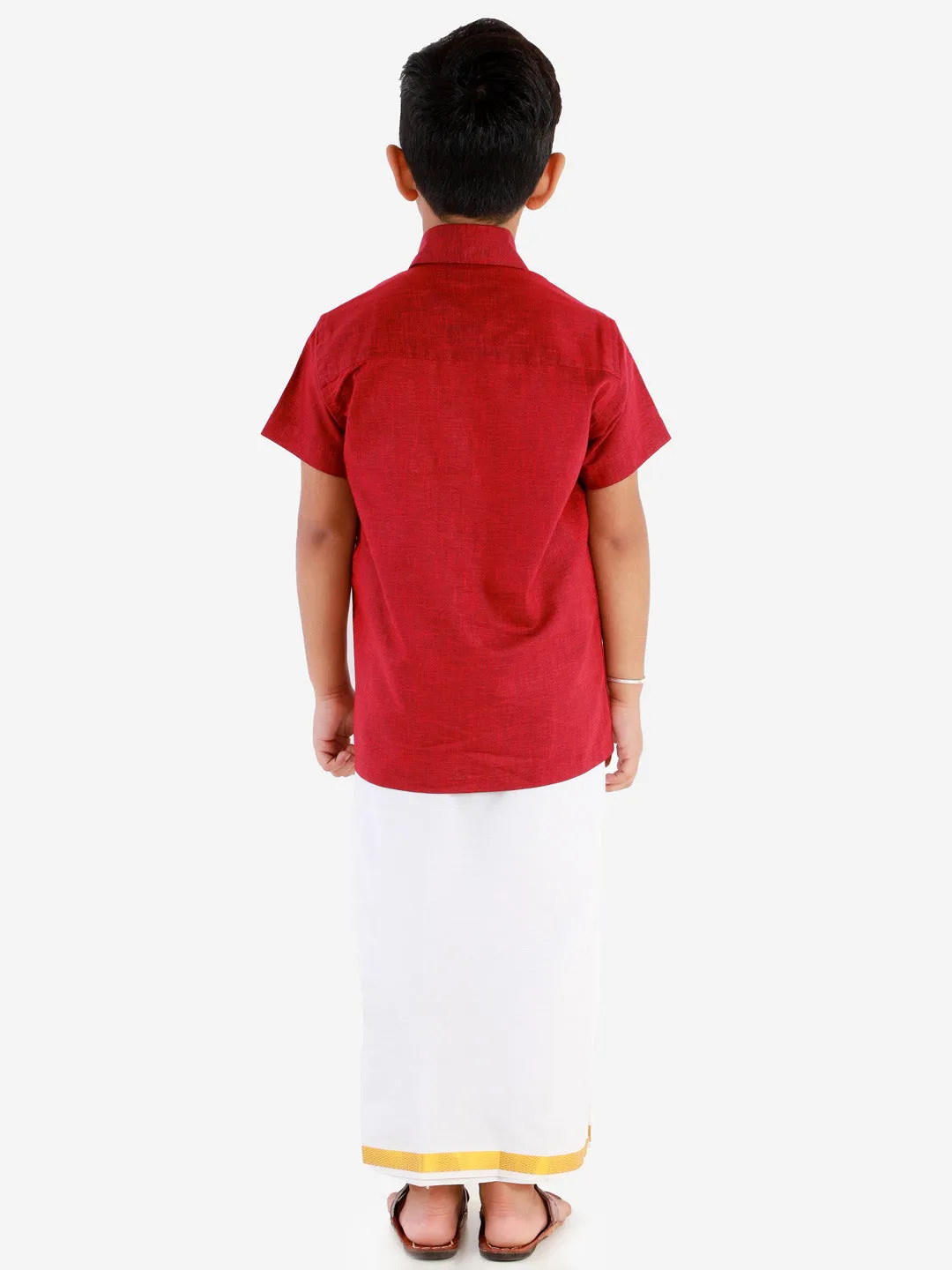 Jashvi Boys' Cherry Maroon Cotton Short Sleeves Ethnic Shirt Mundu Vesty Style Dhoti Pant Set