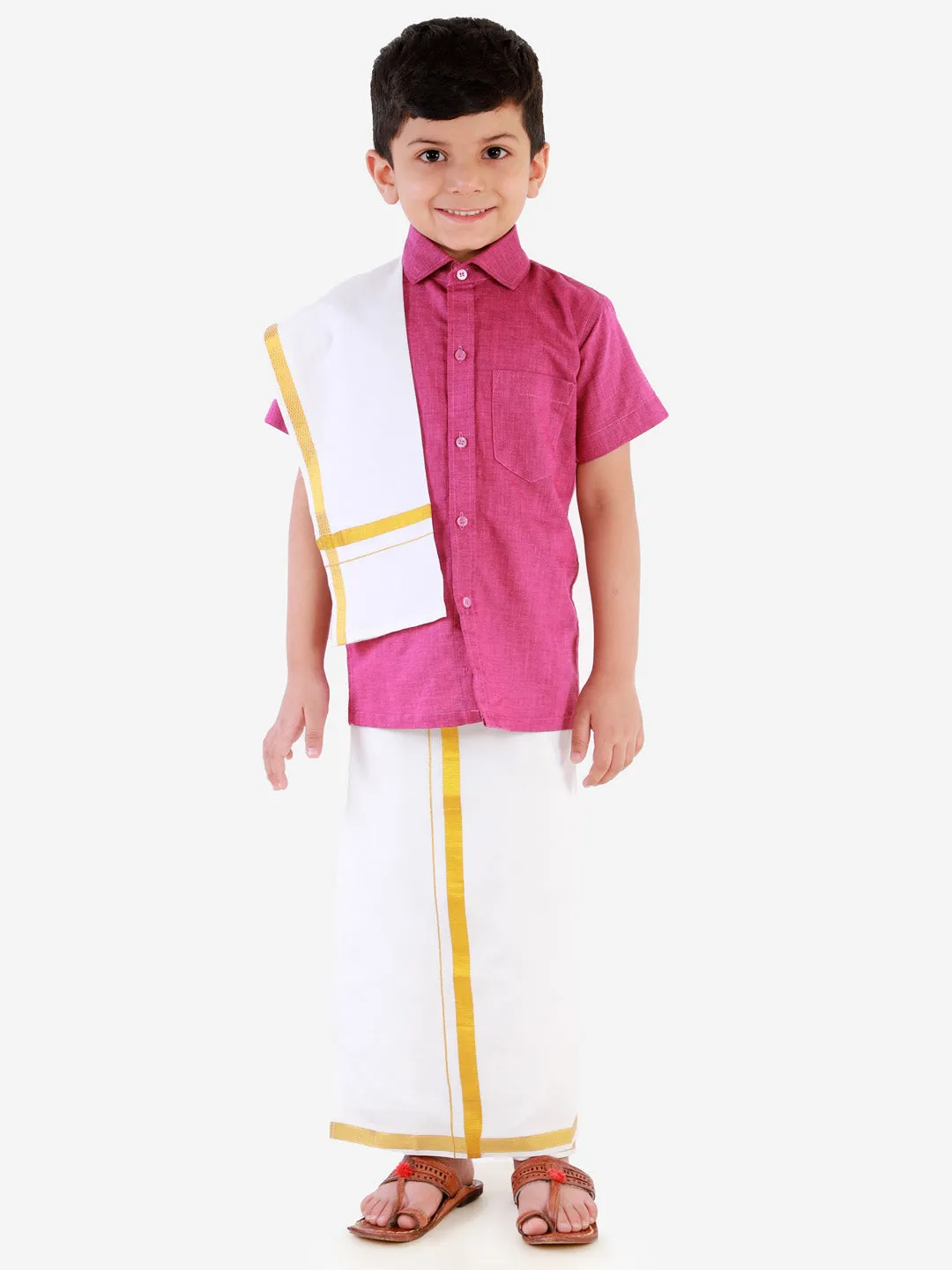 Jashvi Boy's Purple Shirt with White Mundu