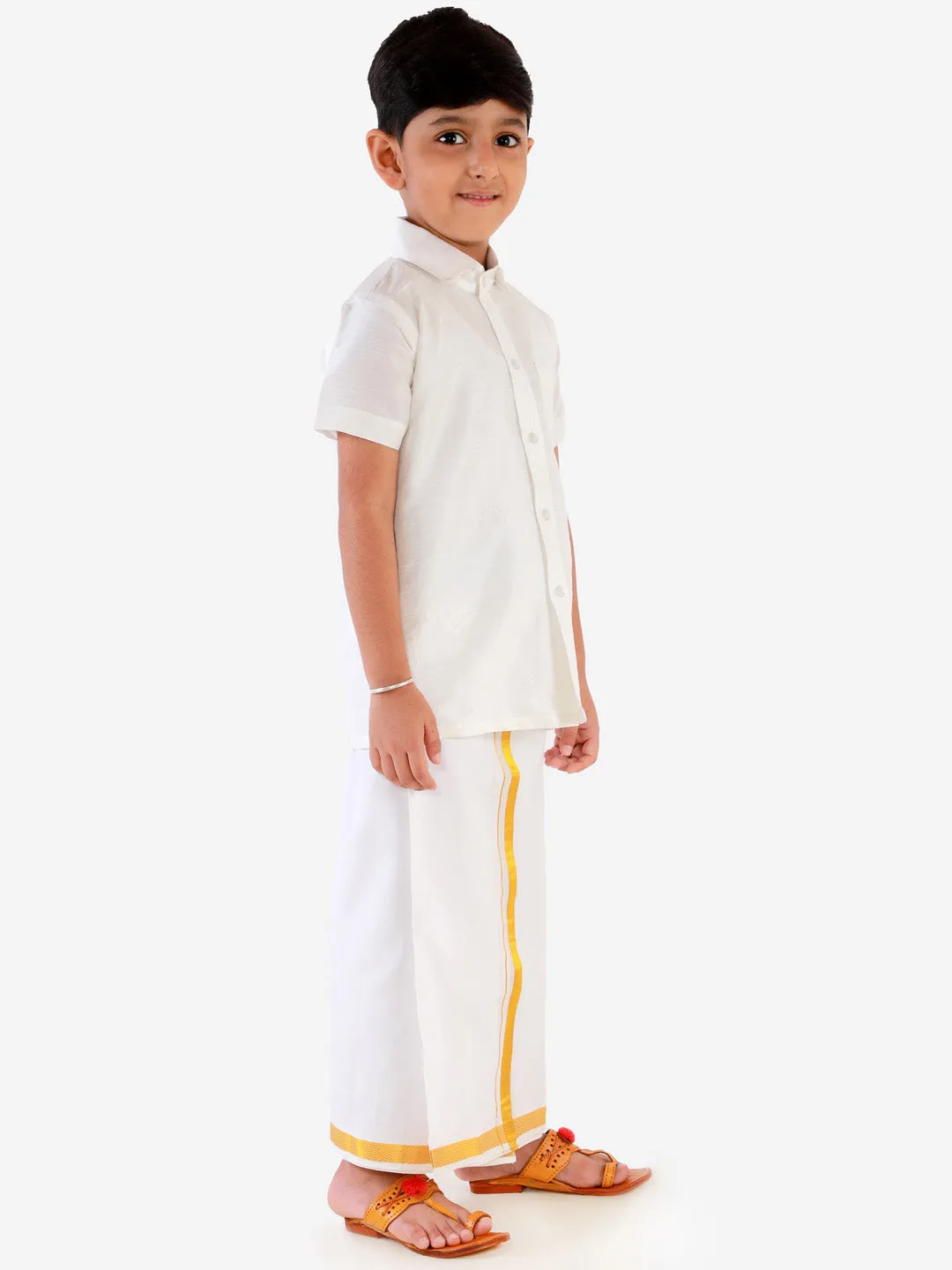 Jashvi Boys' White Silk Short Sleeves Ethnic Shirt Mundu Vesty Style Dhoti Pant Set