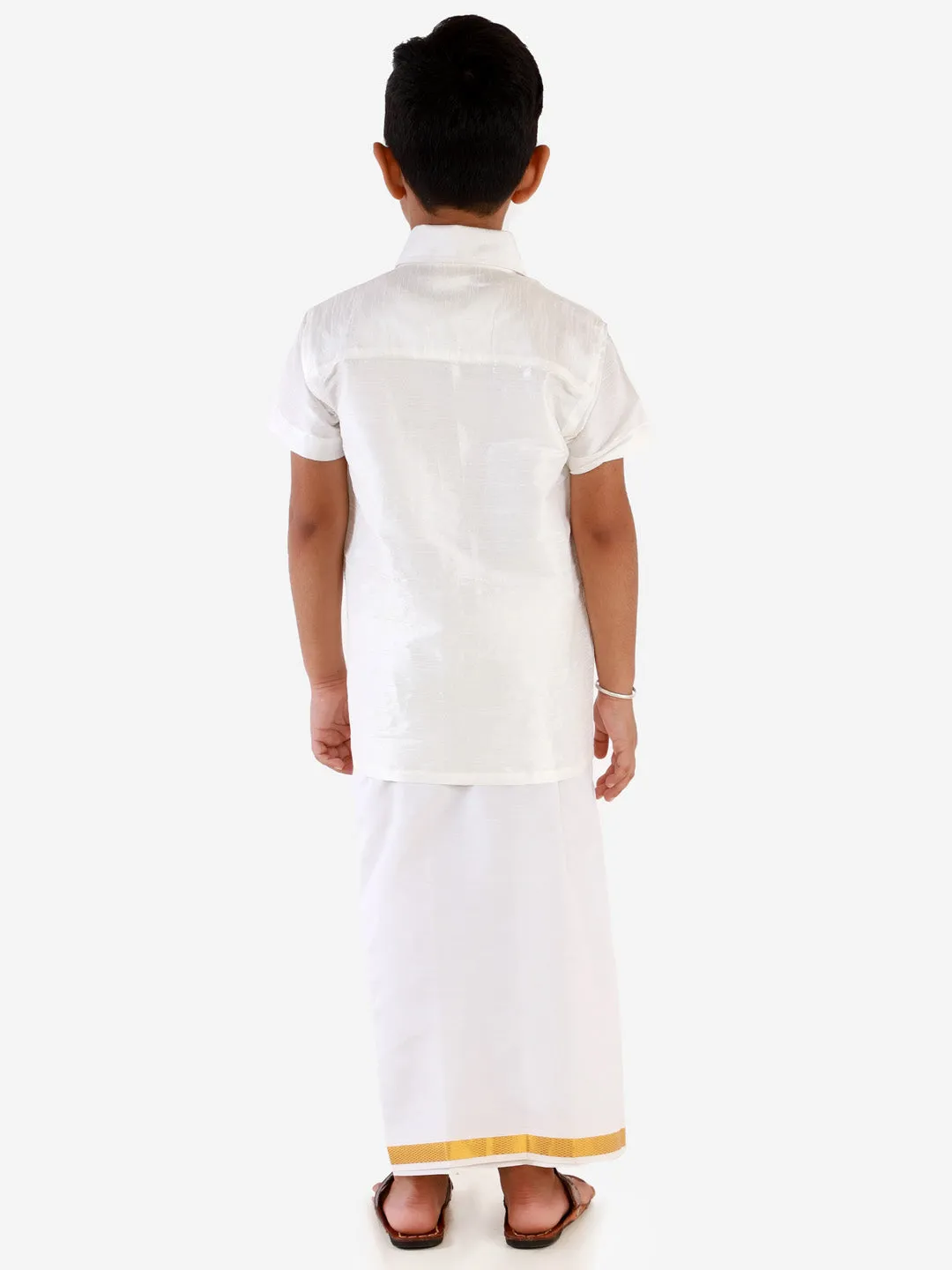 Jashvi Boys' White Silk Short Sleeves Ethnic Shirt Mundu Vesty Style Dhoti Pant Set