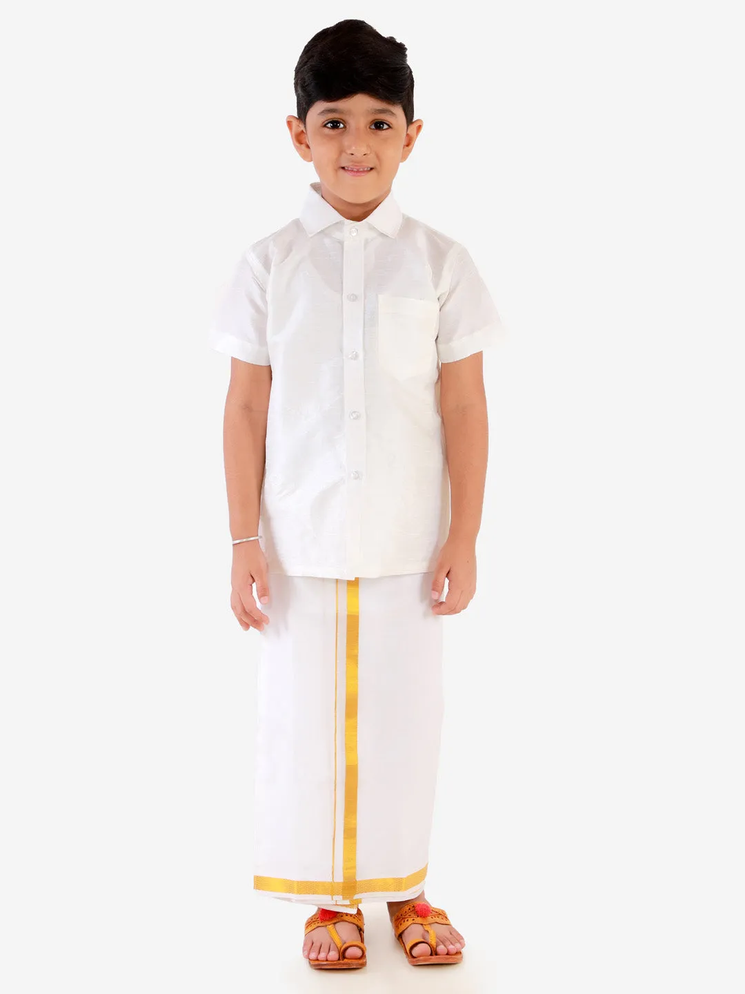 Jashvi Boys' White Silk Short Sleeves Ethnic Shirt Mundu Vesty Style Dhoti Pant Set