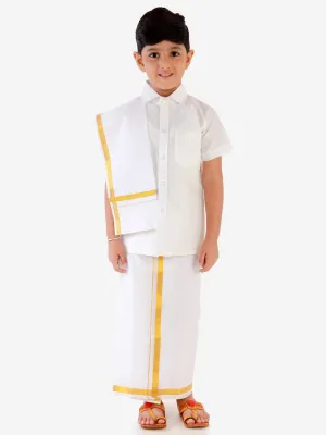 Jashvi Boys' White Silk Short Sleeves Ethnic Shirt Mundu Vesty Style Dhoti Pant Set