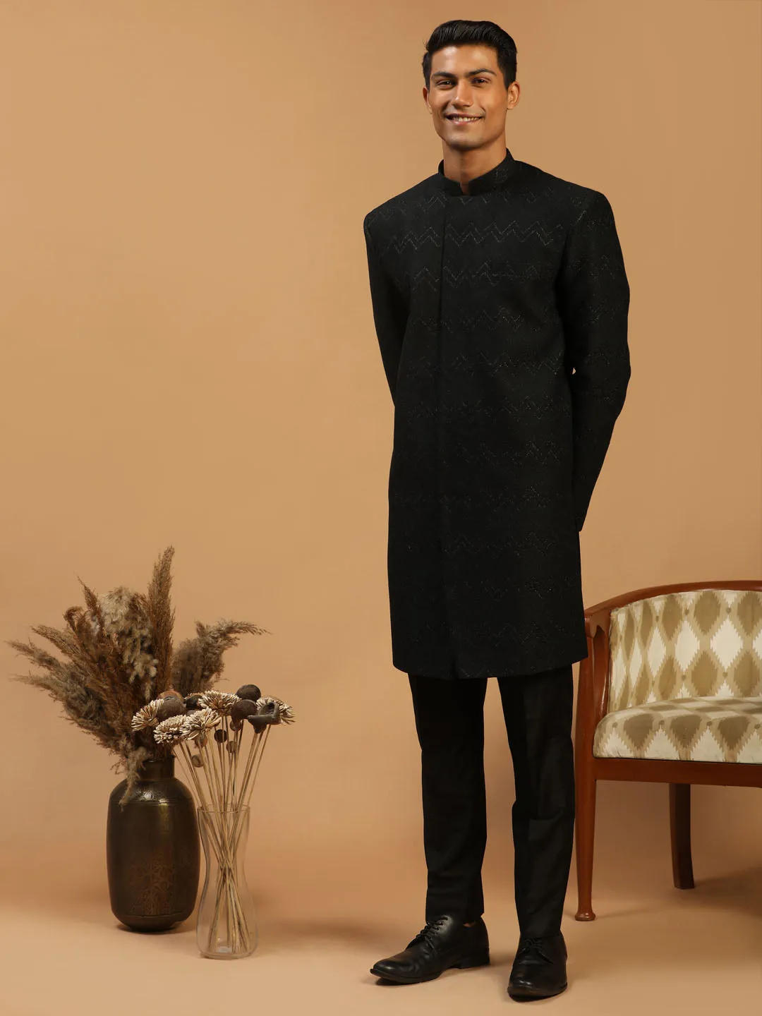 Jashvi Men's Black Glitter Indo Western Sherwani Only Top