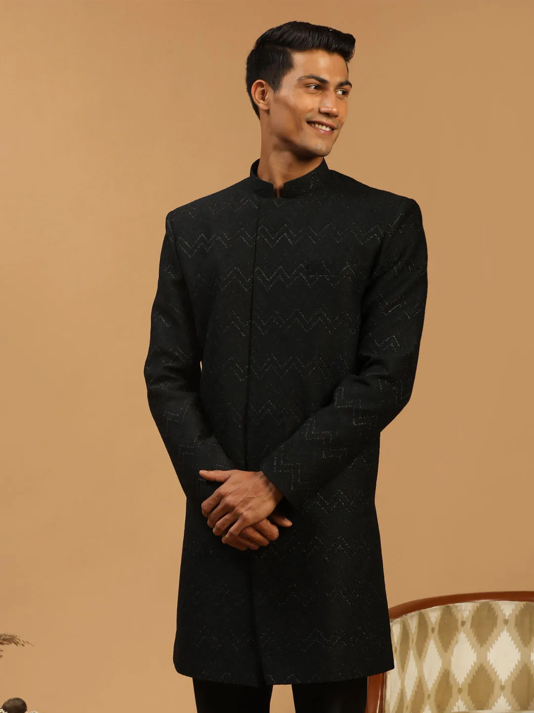 Jashvi Men's Black Glitter Indo Western Sherwani Only Top