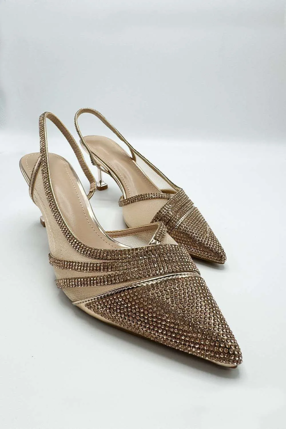 Jenn Mesh Detail Diamante Embellished Court Shoes in Champagne