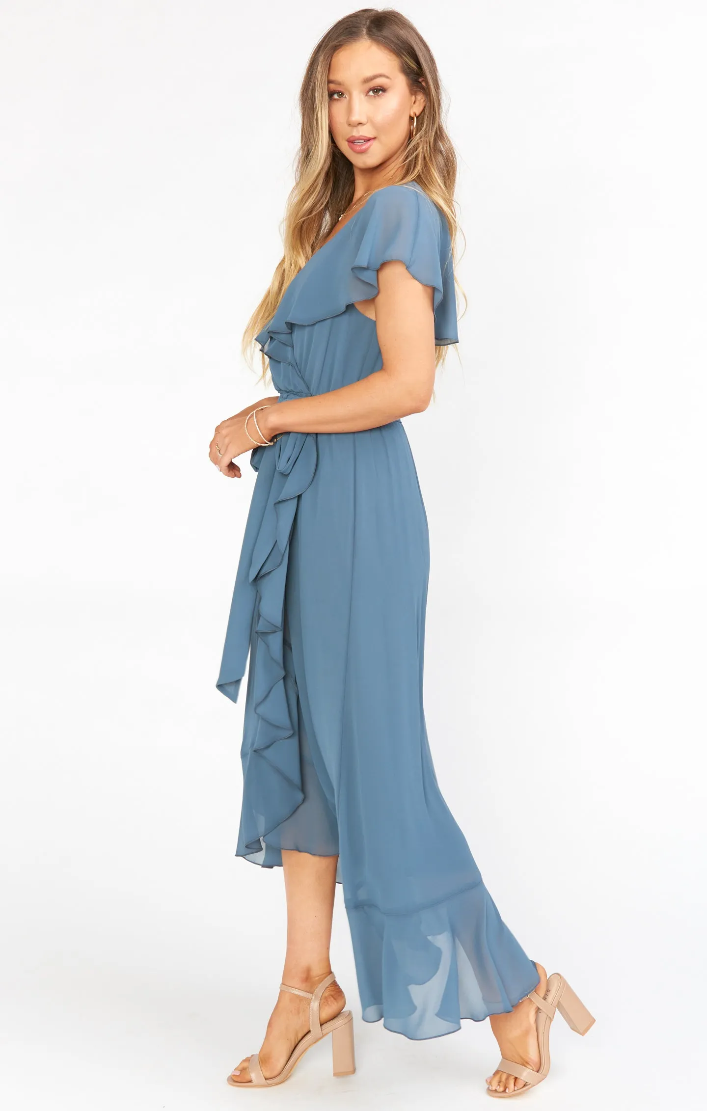 Jess Ruffle Midi Dress ~ Slate Blue Chiffon