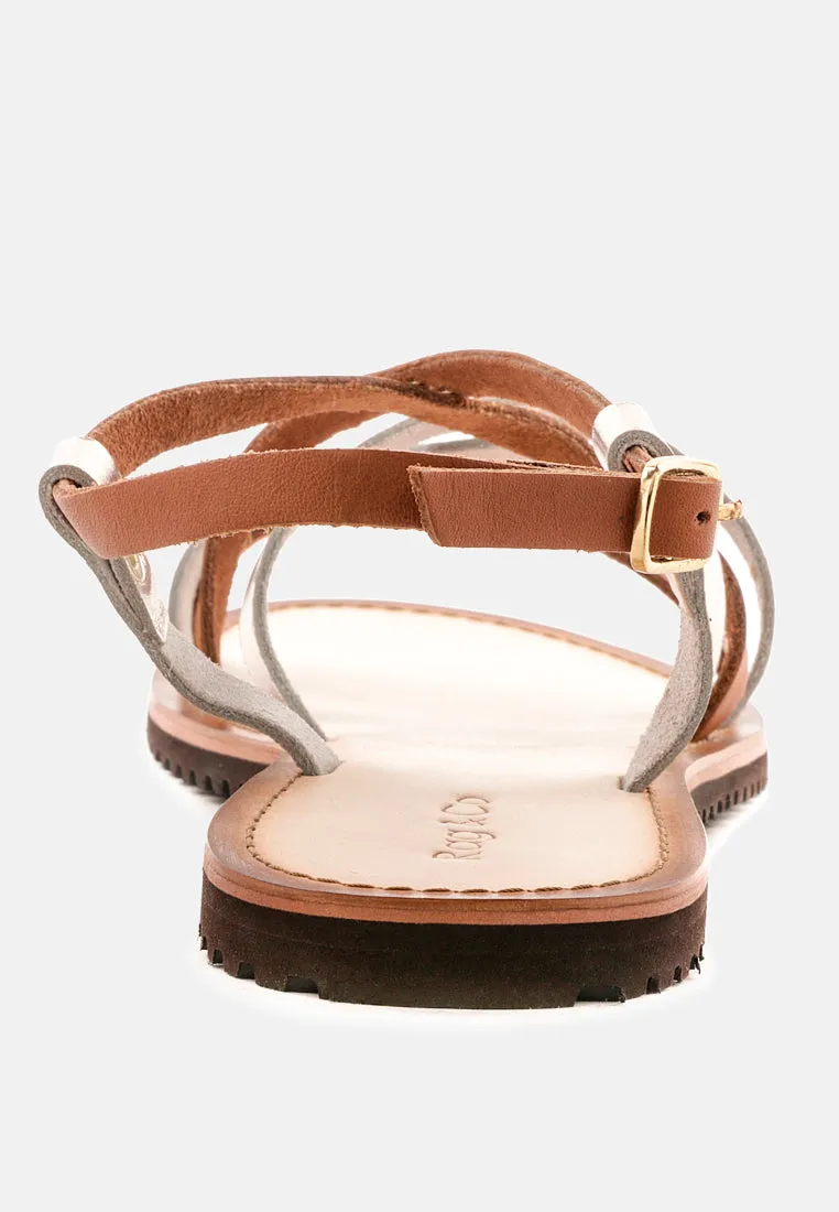 JUNE Tan Strappy Flat Leather Sandals