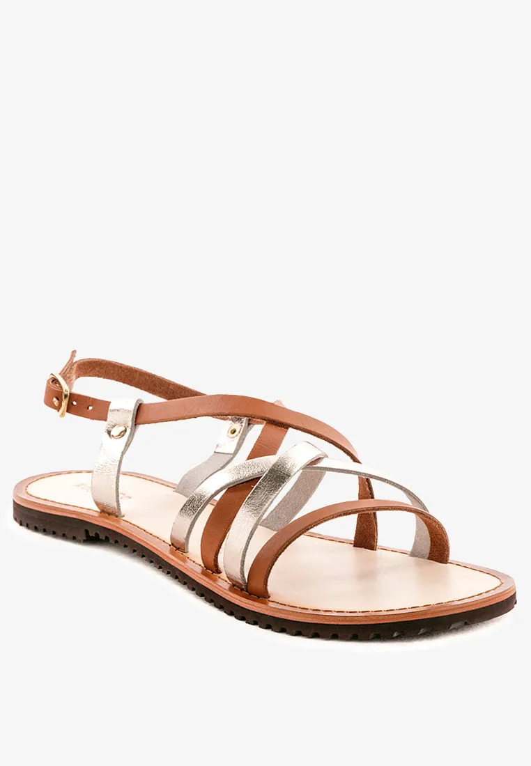 JUNE Tan Strappy Flat Leather Sandals