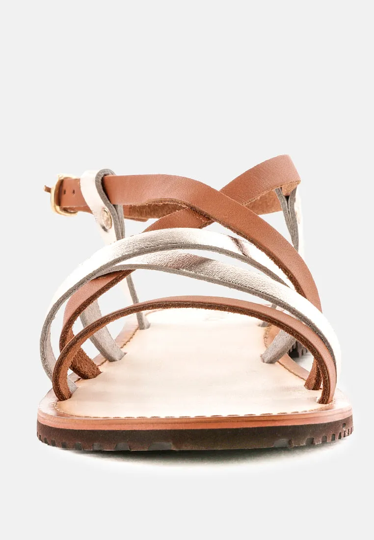 JUNE Tan Strappy Flat Leather Sandals