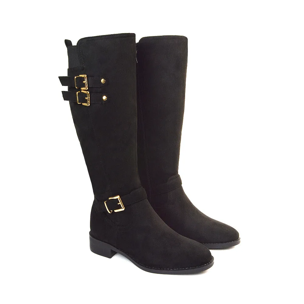 Katy Knee High Flat Heel Buckle Detail Winter Biker Boots in Black Synthetic Leather